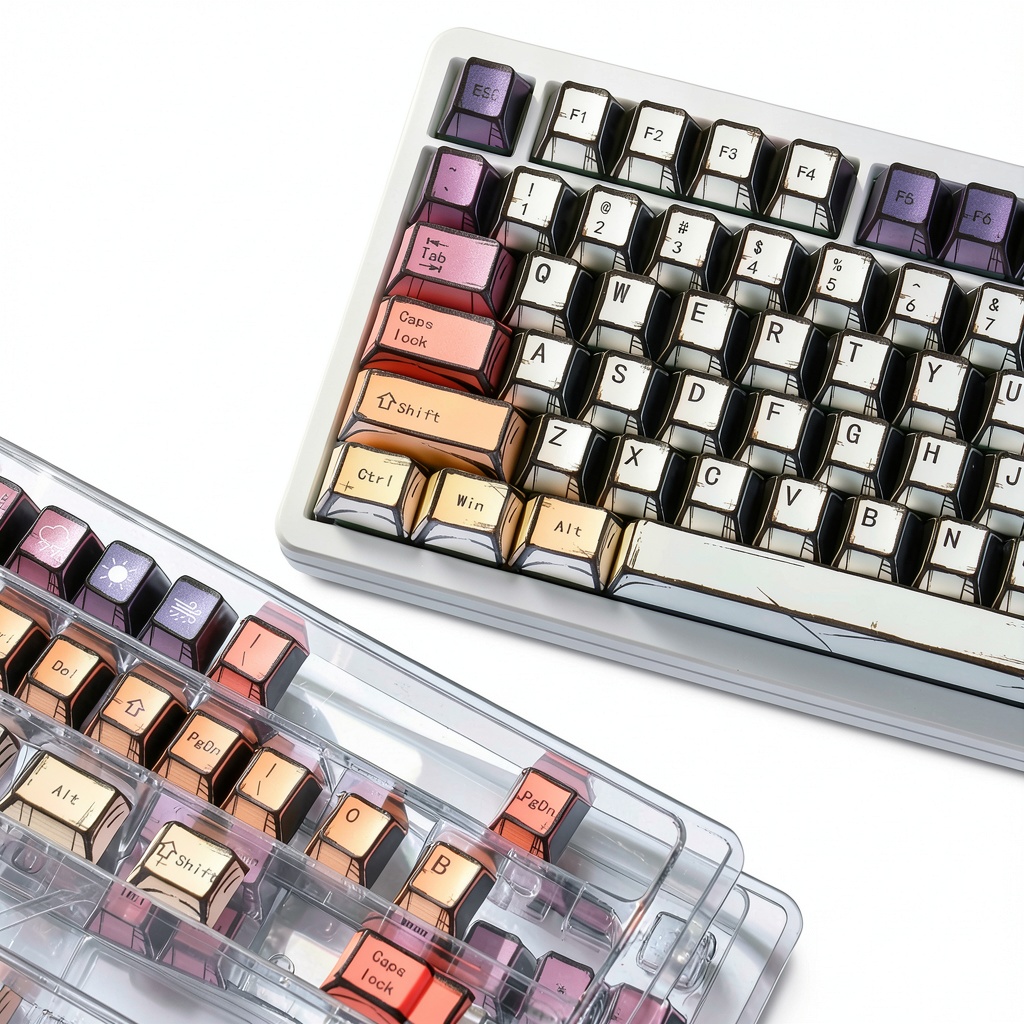 Retro anime keycaps installed on a mechanical keyboard showing shine-through effect