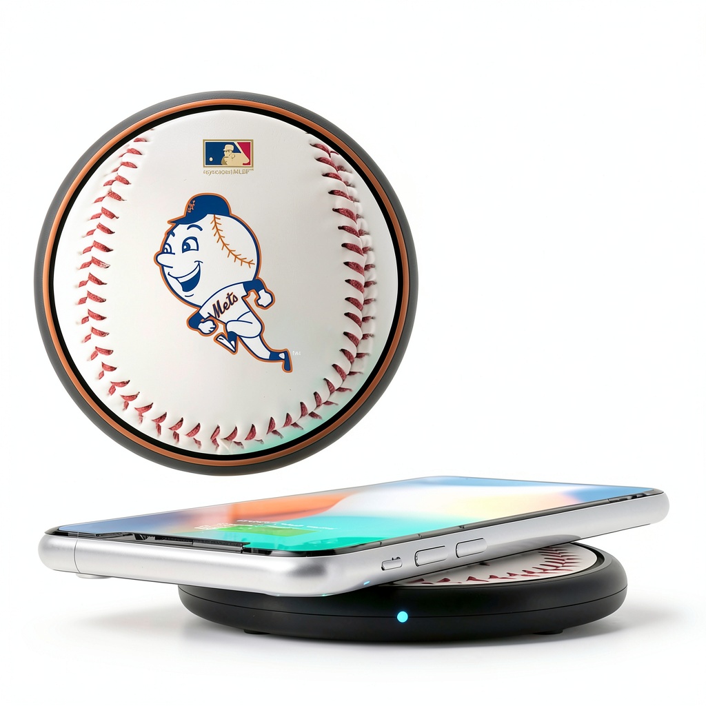 New York Mets Wireless Charger on a desk with a smartphone charging
