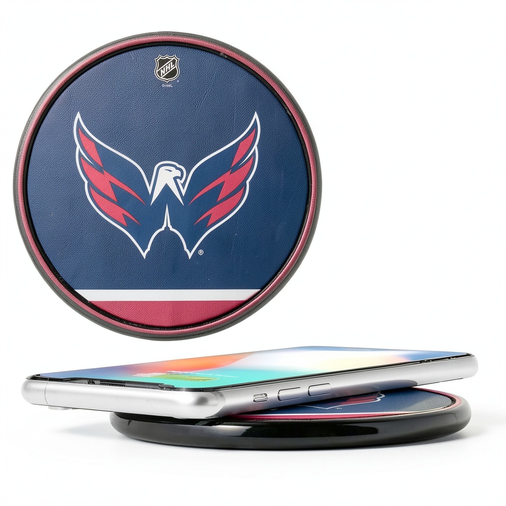 Washington Capitals Stripe Wireless Charger on a desk with a phone charging