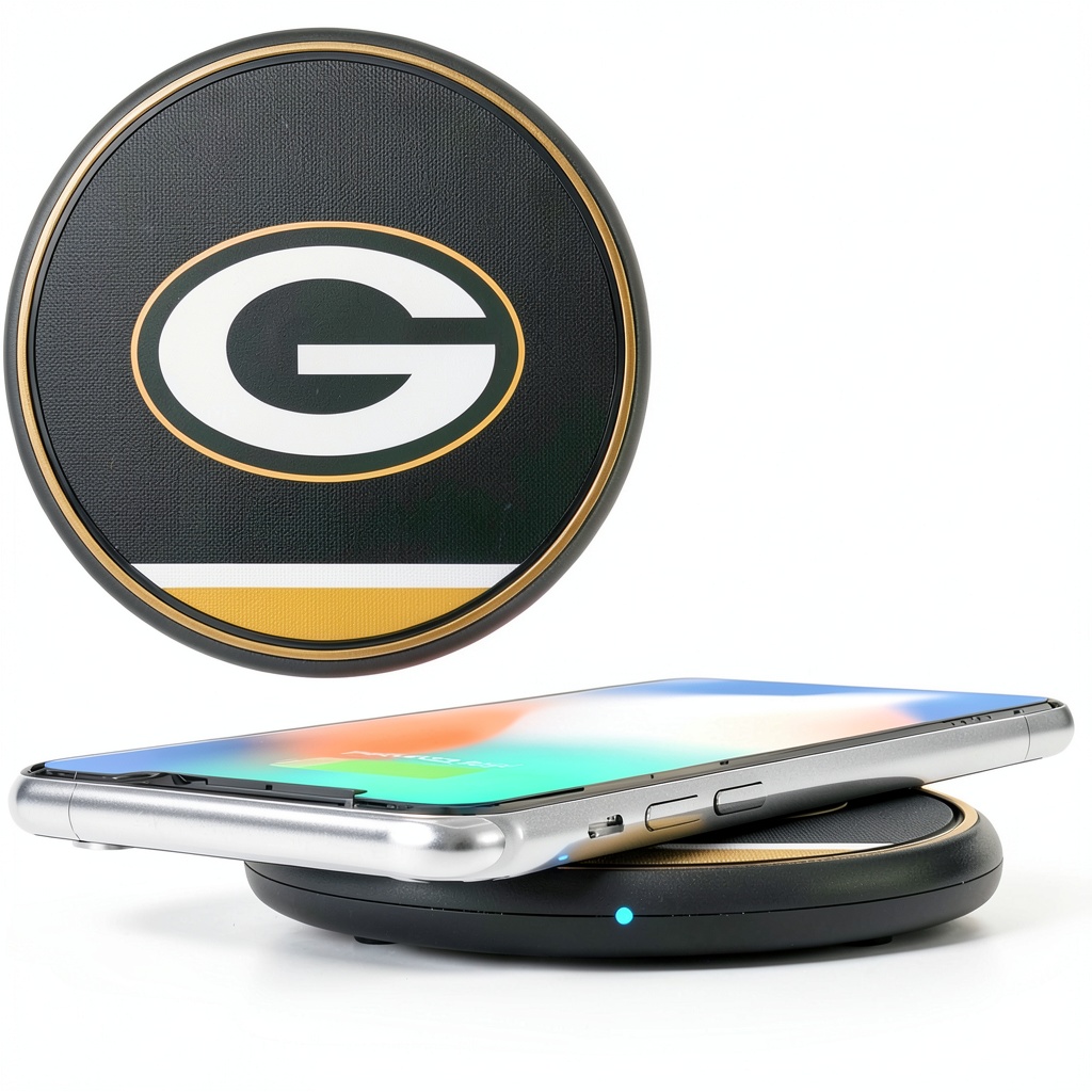 Green Bay Packers Wireless Phone Charger Fan Gear on a wooden desk with phone charging during game day setup