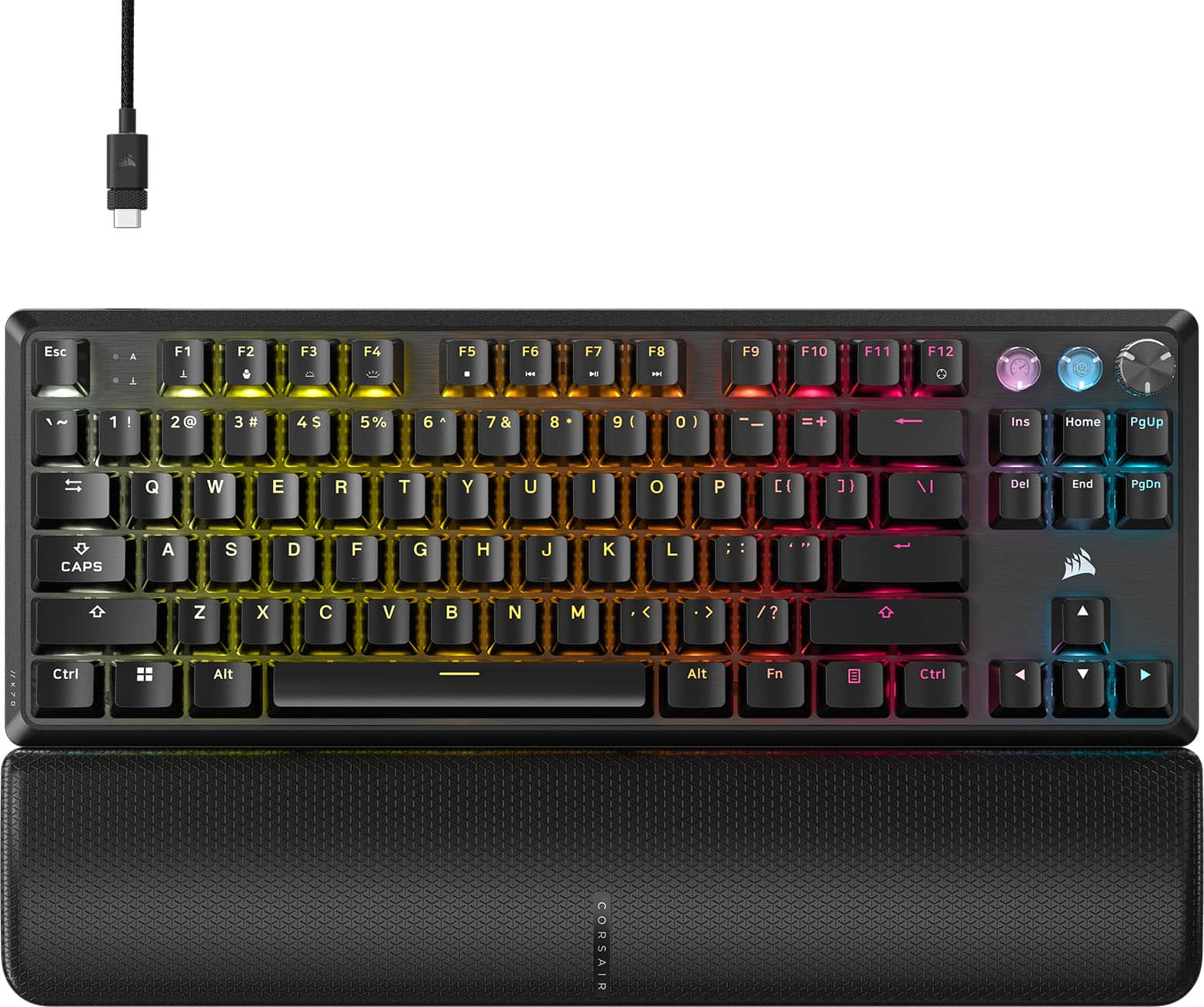 Corsair K70 PRO TKL keyboard on a gaming desk with RGB lighting