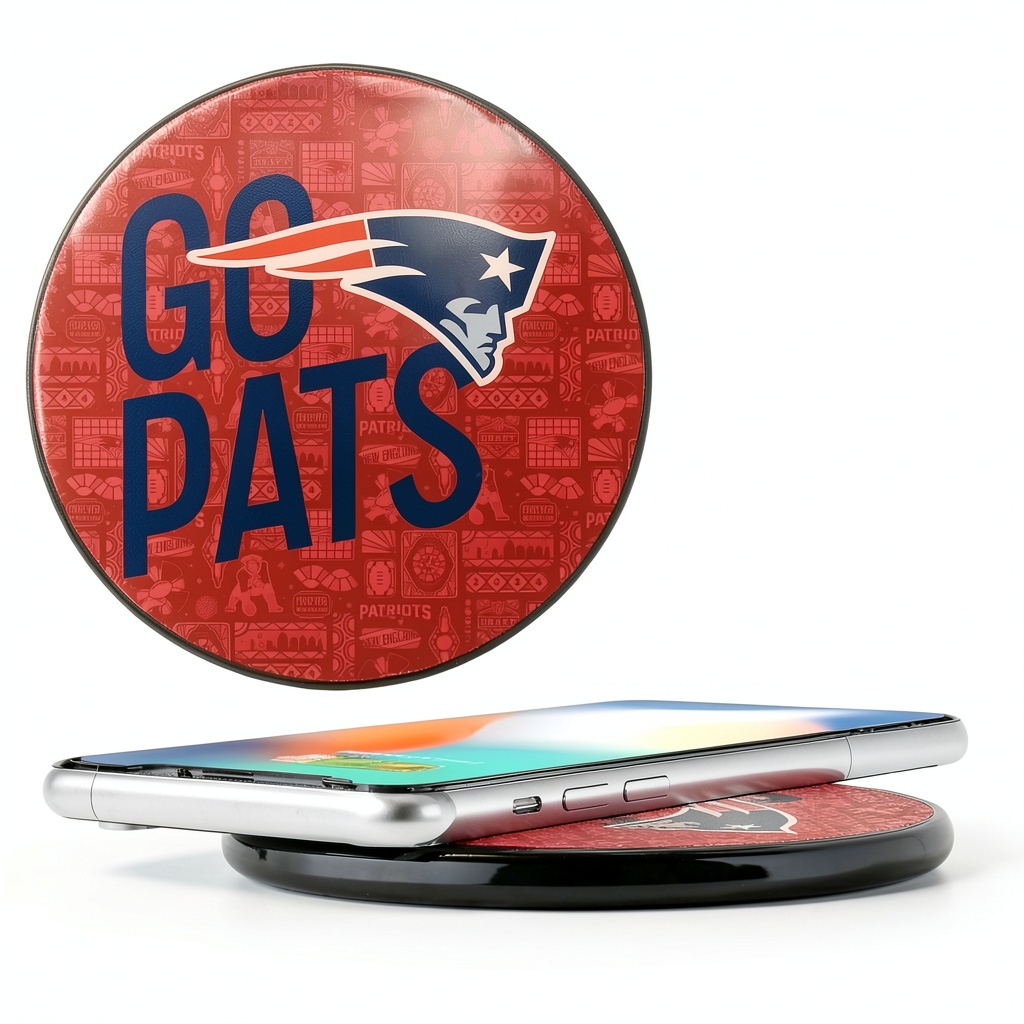 New England Patriots Wireless Charger on a desk with a smartphone