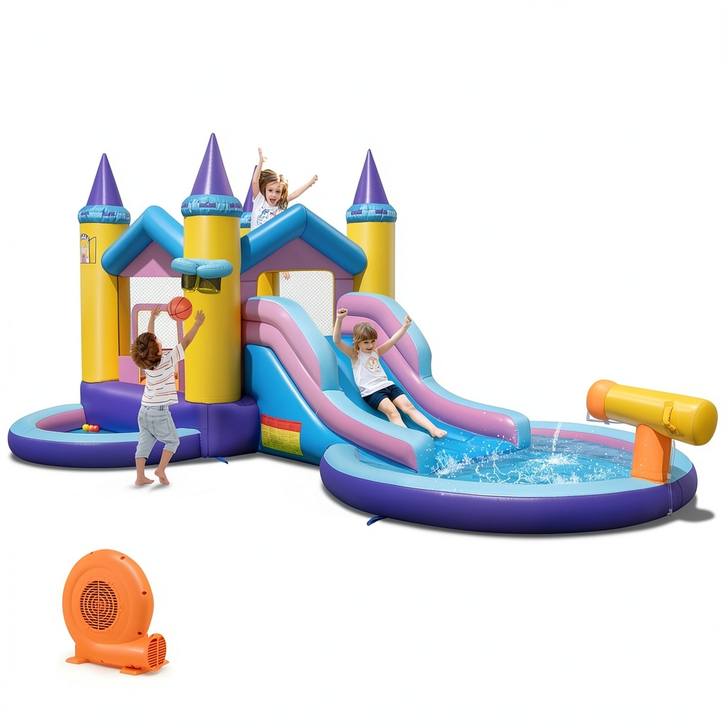 Kids playing on the princess castle inflatable water slide in a backyard