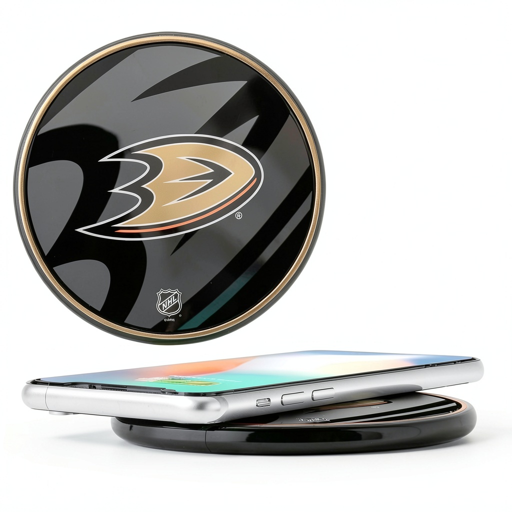Anaheim Ducks wireless charger on a desk with phone charging