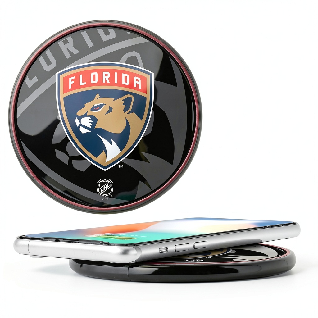 Florida Panthers Wireless Charger displaying team graphic on a desk