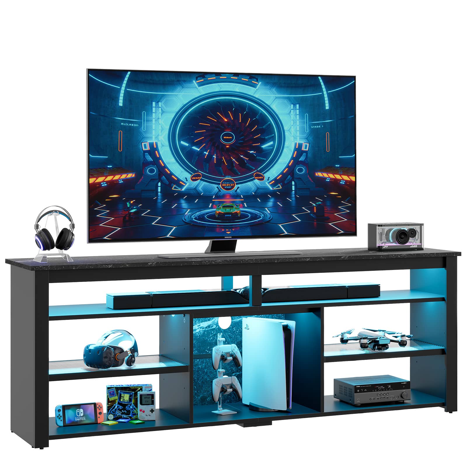 Gaming TV stand with LED lights illuminating a console setup