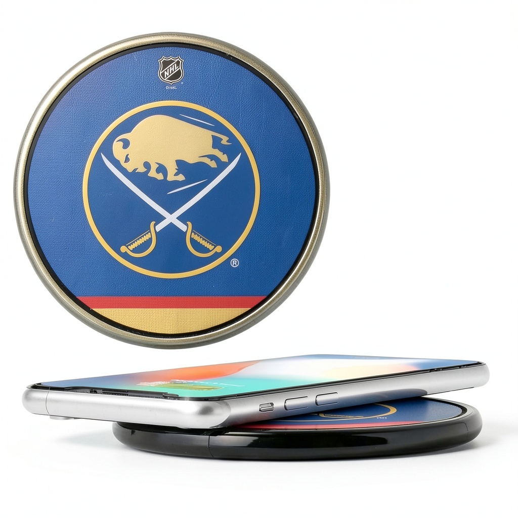 Buffalo Sabres Stripe Wireless Charger on a desk with a smartphone