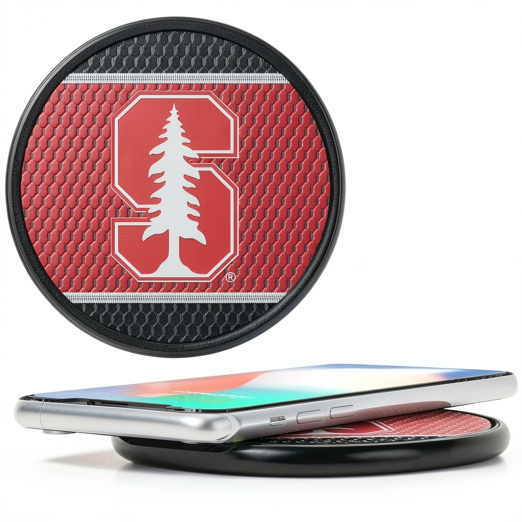 Stanford Cardinal wireless charger on a desk with phone charging