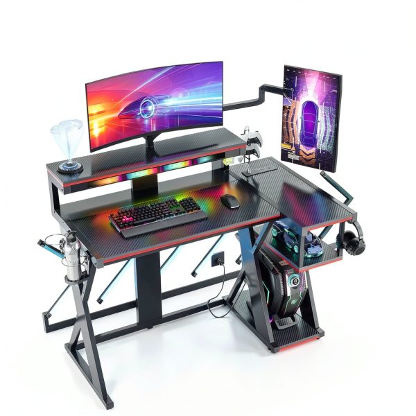 Bestier L Shaped Gaming Desk RGB Lights Power Outlets-2