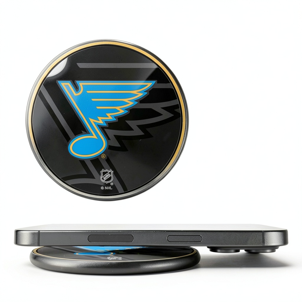 St Louis Blues Wireless Charger displaying team graphics on desk
