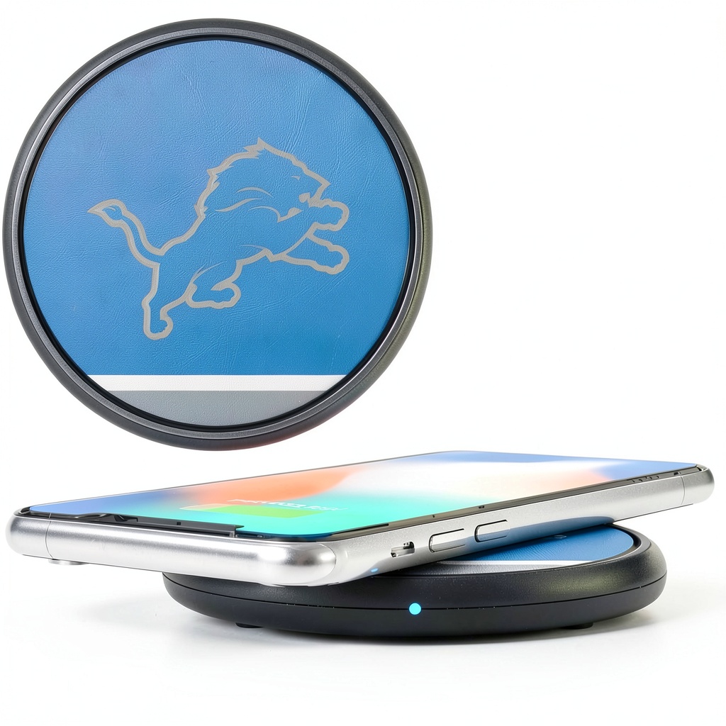 Installing Detroit Lions Wireless Phone Charger Keyscaper Officially on a wooden desk