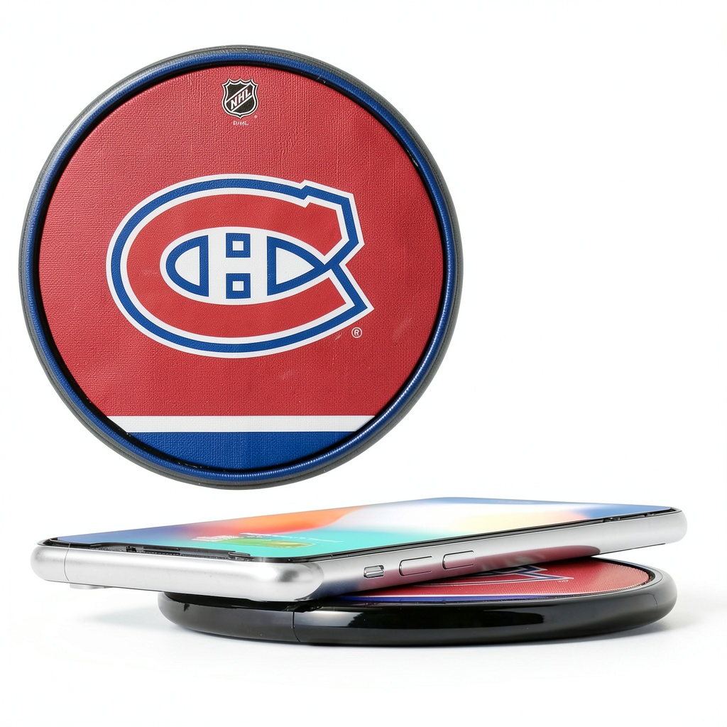 Montreal Canadiens Stripe Wireless Charger on a desk with a smartphone