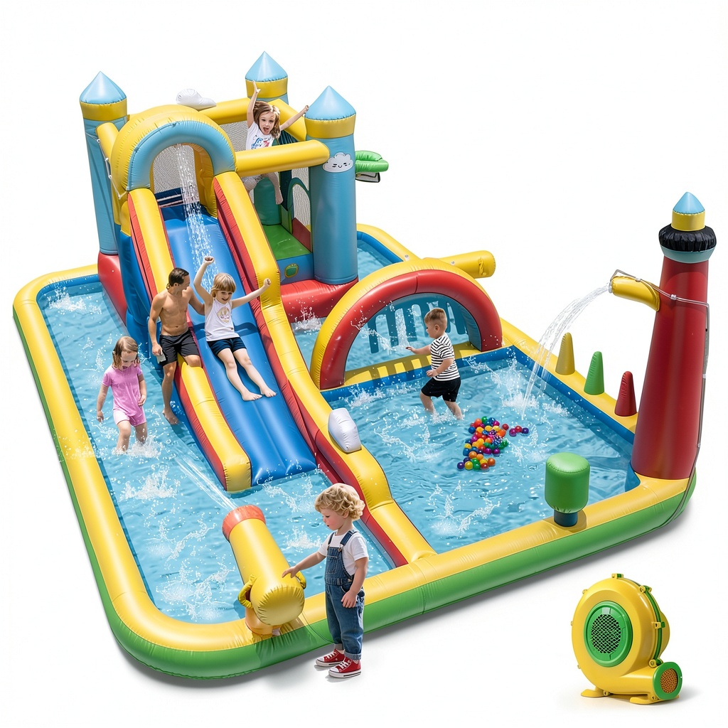 Installing Inflatable Water Slide Bounce House Kids Outdoor Play in a backyard setting