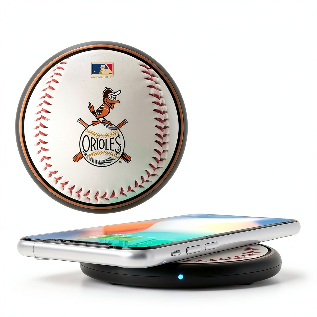 Baltimore Orioles wireless charger on a desk with smartphone